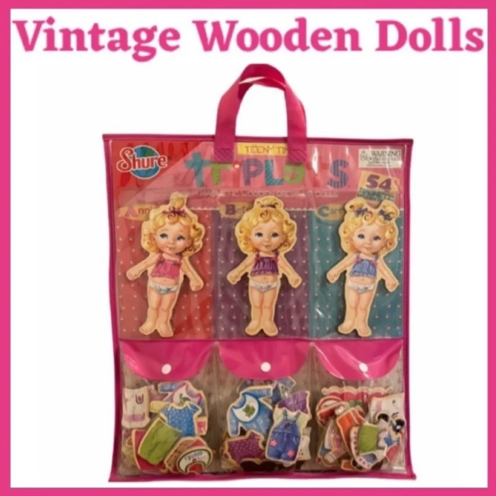 Vintage Wooden Doll Dress Up Set Magnetic Hard Wood Paper Dolls Outfits Tote Bag
